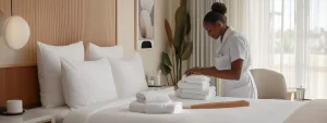 A cleaning service woman folding towels on a hotel bed
