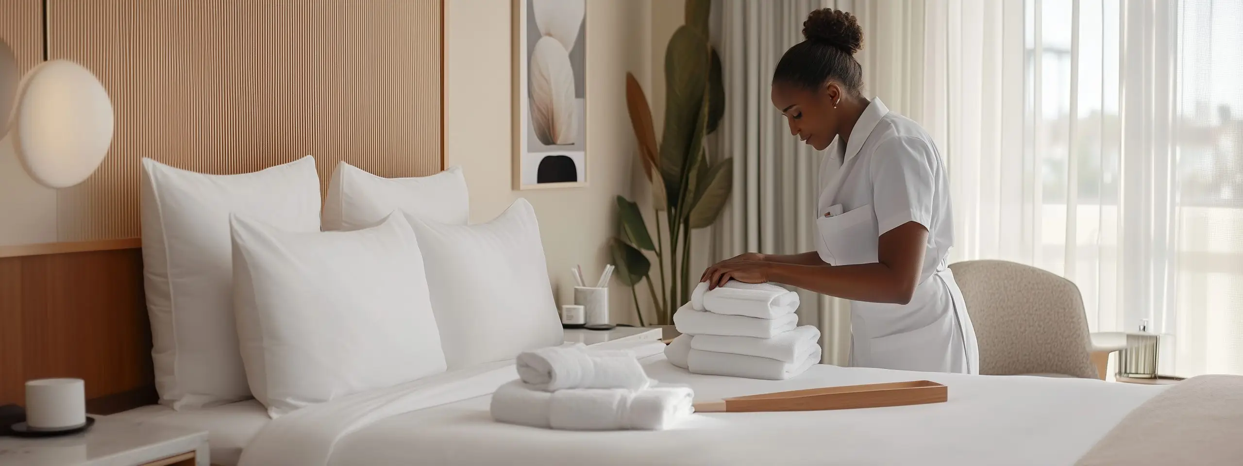 A cleaning service woman folding towels on a hotel bed
