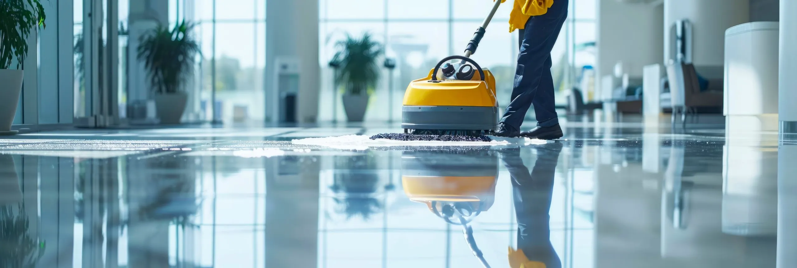 A person operating a floor cleaning machine